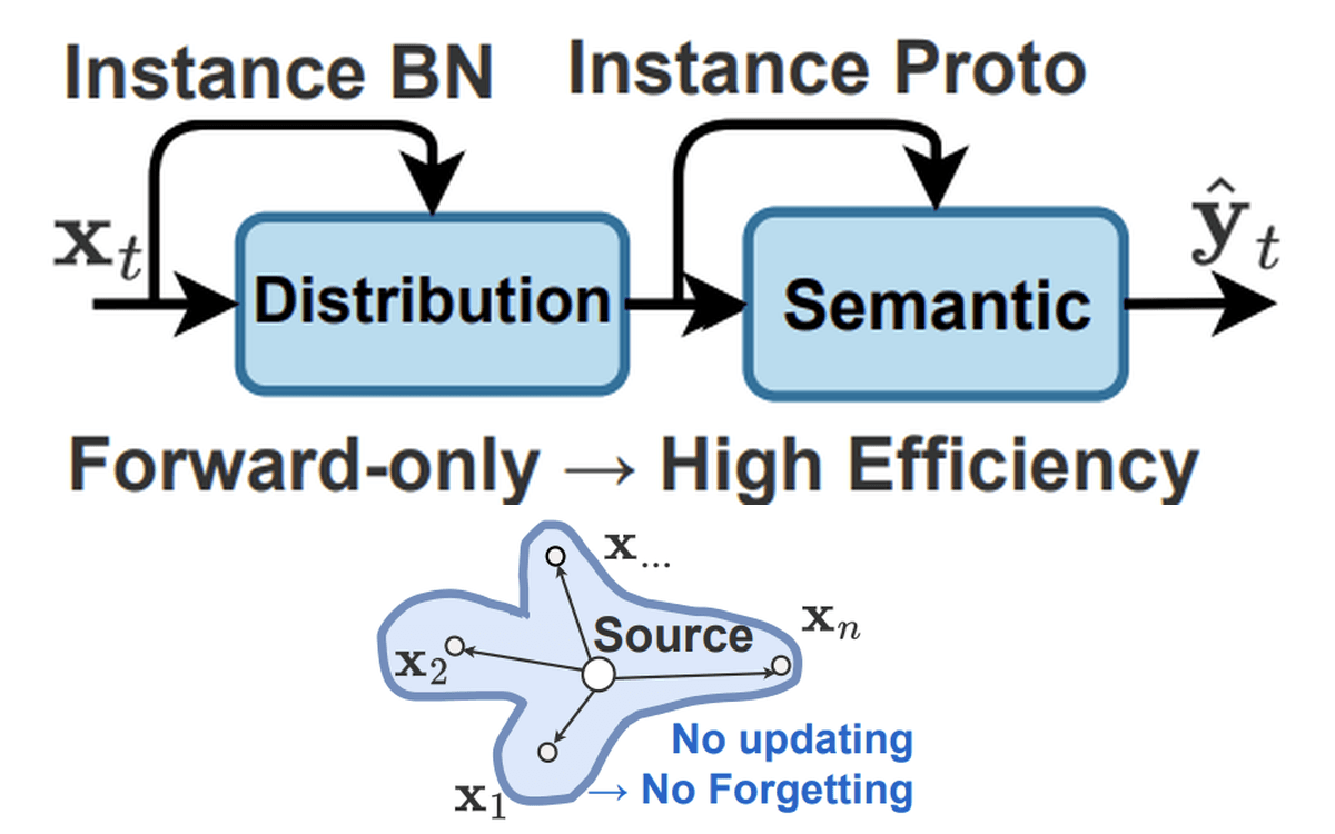 DIGA overview: instance batch normalization and instance prototypes provide forward-only adaptation, while the source model is not updated.